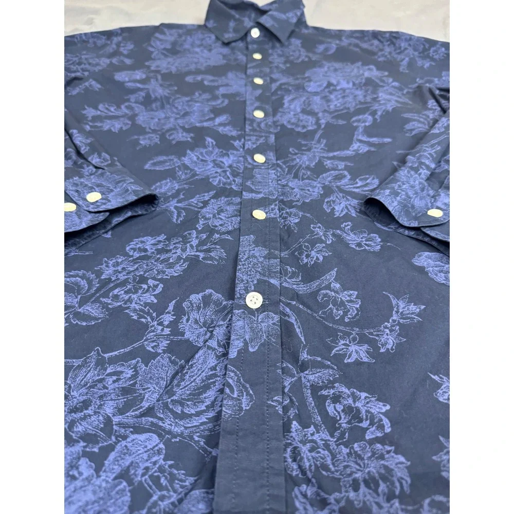 Banana Republic Mens Large Luxe Poplin Untucked Slim Fit Floral Shirt Navy Blue